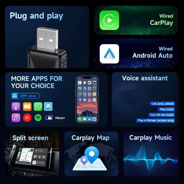 Fangxuee Boîtier Sans CarPlay et Android Auto pour Voiture, 2 en 1, Dongle Filaire Vers Sans, Plug & Play, Mini Boîtier AI, Adaptateur CarPlay Android Auto. – Image 3