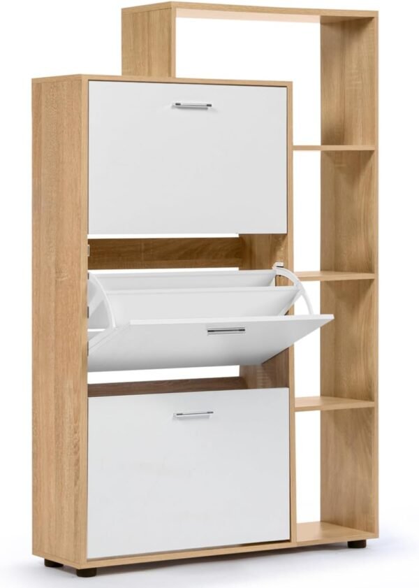IDMarket - Meuble à chaussures 18 paires KLARK imitation hêtre 3 portes blanches avec étagère