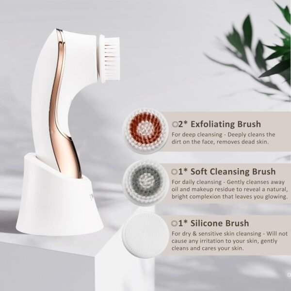 Brosse électrique pour le visage rechargeable IPX-7 étanche rotative pour exfolier, masser et nettoyer en profondeur avec 4 têtes de brosse – Image 3
