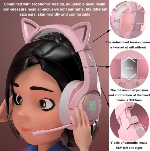 Casque De Jeu Rose, Casque De Jeu avec Oreille De Chat, Casque De Jeu à Son Surround 7.1 avec Réduction De Bruit Réglable, Lumière LED, Microphone Rétractable Et Oreille De Chat Détachable – Image 3