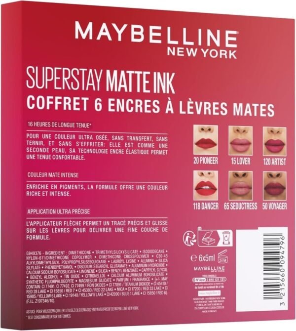 Maybelline New York - Coffret Exclusif de 6 Rouges à Lèvres Liquides Longue Tenue - Superstay Matte Ink - Teintes: Lover (15)/Seductress (65)/Artist (120)/Dancer (118)/Pioneer (20)/Voyager (50) – Image 3
