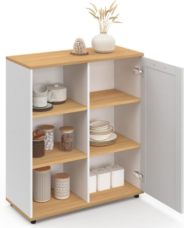 IDMarket - Buffet d'appoint 70 cm VITO 3 étagères et Placard Blanc et Plateau Bois – Image 5