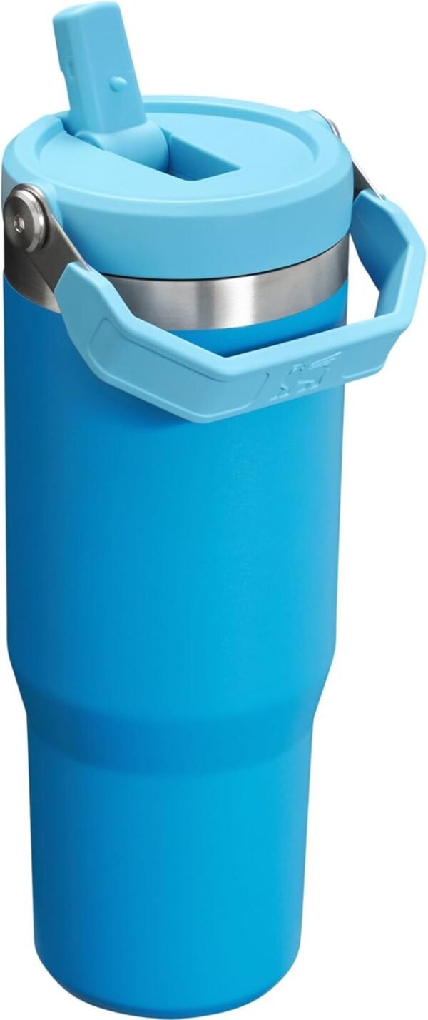 Stanley IceFlow Gobelet avec paille à rabat avec poignée de 887,4 ml – Couvercle à visser et paille rabattable – Bouteille d'eau résistante aux fuites – Acier inoxydable – Sans BPA – Bleu azur – Image 2
