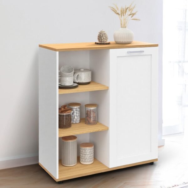 IDMarket - Buffet d'appoint 70 cm VITO 3 étagères et Placard Blanc et Plateau Bois – Image 2