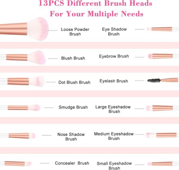 12PCS Pinceaux Maquillages Rose Professionnel Synthétiques Haut avec Sac De Rangement, RISVOWO Trousse Pinceaux Maquillage pour Fond De Teint Mélange Poudre Blush L'anti-cernes Fard à Paupières – Image 2