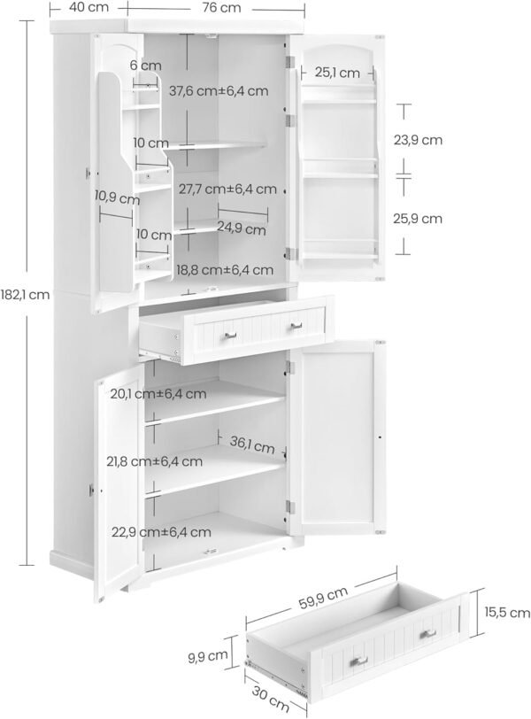 VASAGLE Buffet Haut Cuisine, Meuble de Rangement, Armoire, Vaisselier, Hauteur 182,1 cm, avec Tiroir, Placards, Étagères Réglables, pour Salon, Cuisine, Blanc BBC561W21 – Image 3