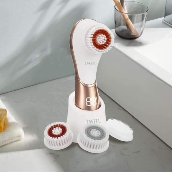 Brosse électrique pour le visage rechargeable IPX-7 étanche rotative pour exfolier, masser et nettoyer en profondeur avec 4 têtes de brosse – Image 7
