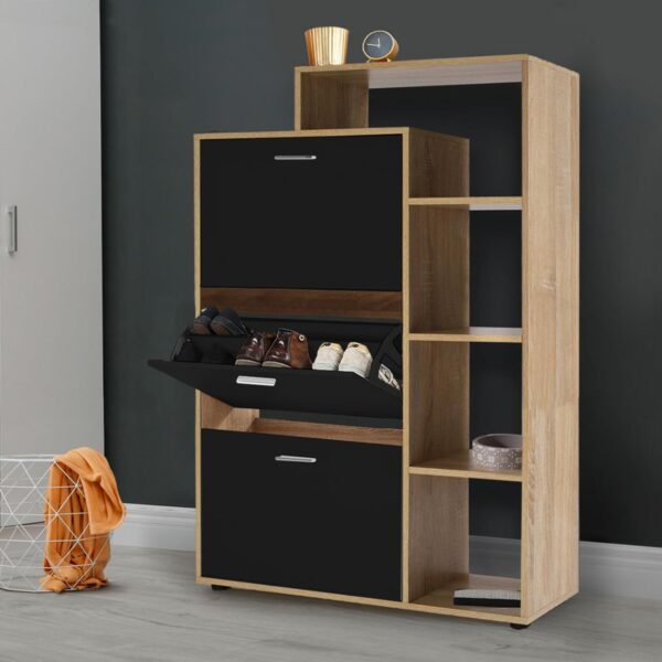 IDMarket - Meuble à chaussures 18 paires KLARK imitation hêtre 3 portes noires avec étagère – Image 2