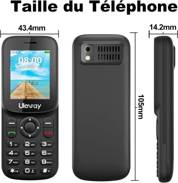 uleway T185 | 4G LTE Telephone Portable Senior, Double SIM Téléphone Portable Débloqué Compact Facile à Utiliser avec 1.8" LCD Écran | Haut Volume | USB C | Chiamata Rapida | Utiliser Nano SIM | Noir – Image 10
