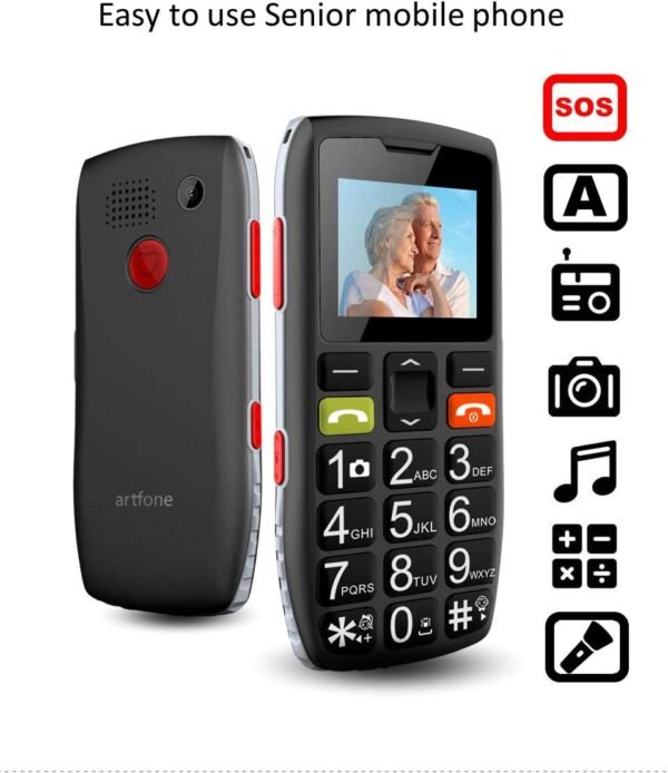 artfone Téléphone Portable Senior Débloqué avec Grandes Touches, Bouton SOS, C1 Senior, Caméra VGA, Radio FM, Haut-Parleur de Boîte, Batterie 1800mAh, 2G GSM, Noir – Image 2