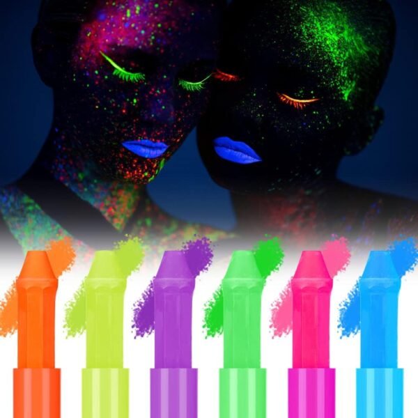 AOOWU Peinture Fluorescents UV, 6 Crayons De Peinture UV Néon Pour Le Visage Et Le Corps, Lavables Non Toxiques Bâton de Peinture au Néon UV, Pour Festival, Mardi Gras, Halloween, Maquillage – Image 8