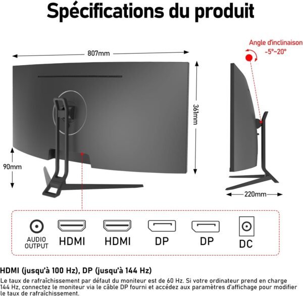 Gawfolk Écran PC Ultra Large 34 Pouces 1500R incurvé 144Hz Gaming Computer Moniteur,21:9 UWQHD(3440x1440),Adaptive Sync，HDR，178 ° Angle Vue，DisplayPort、HDMI，VESA 75 * 75MM-Noir – Image 7