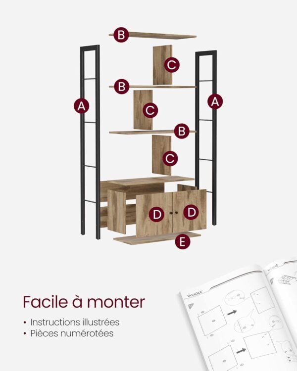 VASAGLE Étagère, Bibliothèque à 4 Niveaux, Meuble de Rangement, Placad, avec Portes, Grand, Cadre en Acier, pour Salon, Bureau, Chambre, Style Industriel, Marron Camel et Noir d'encre LBC022B50 – Image 8