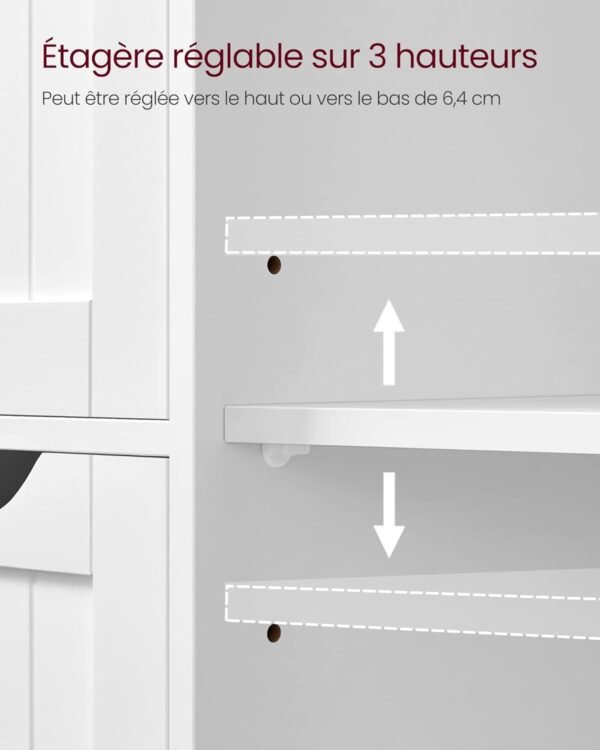VASAGLE Meuble Salle de Bain Rangement, Armoire Gain de Place, Commode, avec 4 Tiroirs, Placard avec Porte, Étagère Réglable, 30 x 55 x 82 cm, Blanc Nuage LHC41W – Image 6