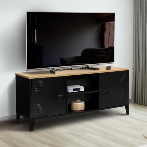 IDMarket - Meuble TV 113 cm Ester 2 Portes métal Noir et Plateau Bois Design Industriel – Image 2