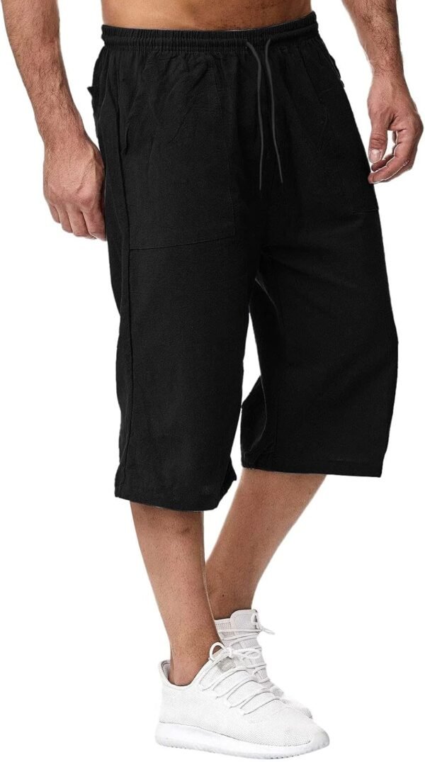Pantalon Yoga Homme, Pantalon Lin Homme Été Léger Sport Jogging Respirant Shorts Bermudas 3/4 Pantacourt Baggy Cargo Lâche Décontracté Pants Large Cordon De Serrage, Pantalon Jambe Large Plage – Image 2