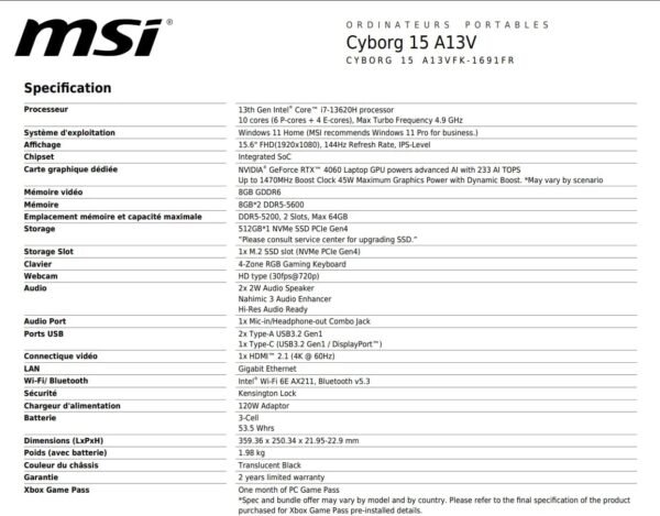 MSI Cyborg 15 A13VFK-1691FR: Intel Core i7 13620H - 16GB DDR5 - SSD 512GB - Nvidia RTX4060 8GB - 15.6' Full HD 144Hz - Windows 11 Home – Image 8