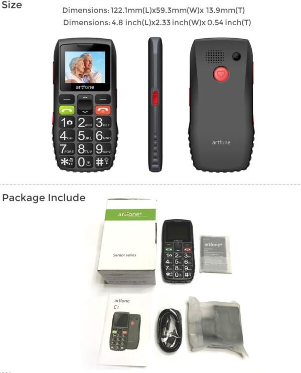 artfone Téléphone Portable Senior Débloqué avec Grandes Touches, Bouton SOS, C1 Senior, Caméra VGA, Radio FM, Haut-Parleur de Boîte, Batterie 1800mAh, 2G GSM, Noir – Image 7