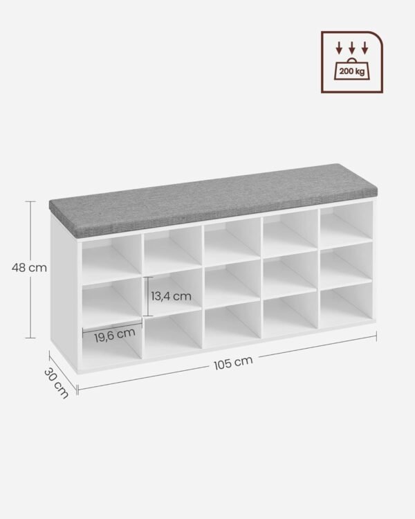 VASAGLE Banc à Chaussures, Organiseur de Chaussures avec 15 Compartiments, Siège Rembourré, pour Entrée, Couloir, Placard, Blanc Nuage et Gris Tourterelle LHS15WT – Image 3
