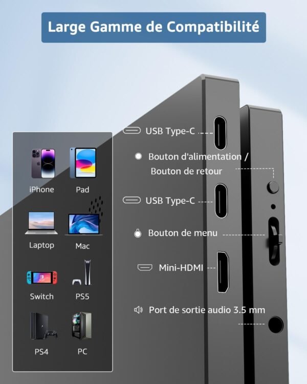 Yodoit Écran Portable 15,6" 1920 × 1080 FHD Moniteur IPS 100% SRGB Display HDMI USB Type C avec Haut-parleurs Intégrés pour PC/MacBook/Xbox/PS4 5/TV – Image 5