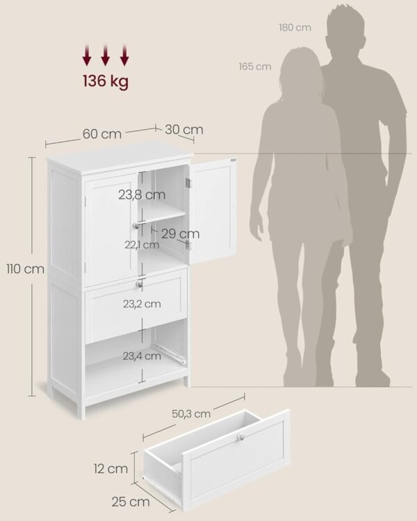 VASAGLE Armoire de Salle de Bain, Meuble de Rangement, Placard de Cuisine avec 2 Portes, 2 Tiroirs, Étagères Réglables, 30 x 60 x 110 cm, Blanc BBC551P31 – Image 3