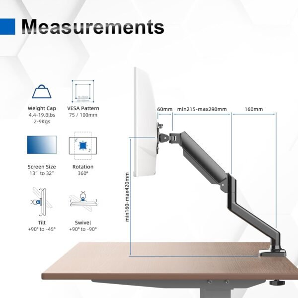 GRIFEMA GB2003-1, Support Ecran PC Moniteur de 13-32 Pouces, Bras Ecran PC VESA 75x75-100x100 MM, Rotation à 360°, Réglable en Hauteur, Charge Maximale de 9 KG, Noir – Image 2