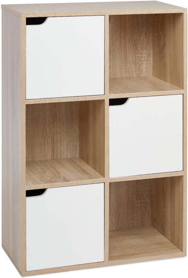 Mondeer Étagère de Rangement, Bibliothèque avec 6 Cubes Moderne en Bois Inclus 3 Portes et 3 Ouvertes, pour Salon ou Bureau, 60 D x 30 W x 90 H cm, Blanc et Chêne