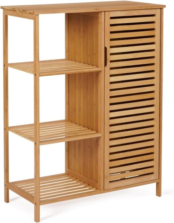 IDMarket - Meuble de rangement bambou BEA salle de bain 3 étagères avec placard