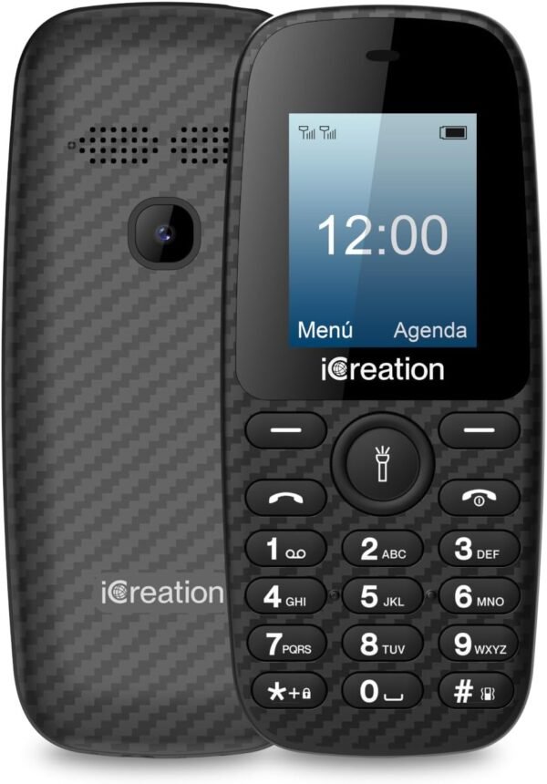 iCreation C10 - Téléphone Portable Basique Noir avec écran 1,8", Batterie 800 mAh, Format Compact et léger (73 g), très Simple à Utiliser, Vibration, Bluetooth et Double SIM