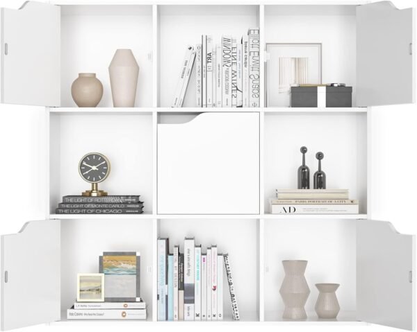 FirFurd Bibliothèque Blanc avec 9 Compartiments Étagère avec 5 Portes Meuble de Rangement en Bois Bibliotheque 3 Niveaux pour Salon Chambre 90x29x90cm – Image 7