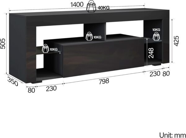 SIRHONA Meuble TV LED Noir, Banc TV 140x35x50.5cm, Éclairage LED RGB avec Couleur réglable, Capacité de Charge 40 kg, Convient pour Salon ou Chambre – Image 7