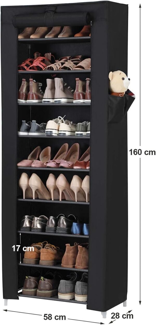 SONGMICS Étagère à Chaussures en Tissu à 10 Niveaux, Meuble de Rangement 28 x 58 x 160 cm, avec Housse de Protection, Chaussures de Sport, Talons Hauts, Pantoufles, Cadre en Métal, Noir RXJ10H – Image 6