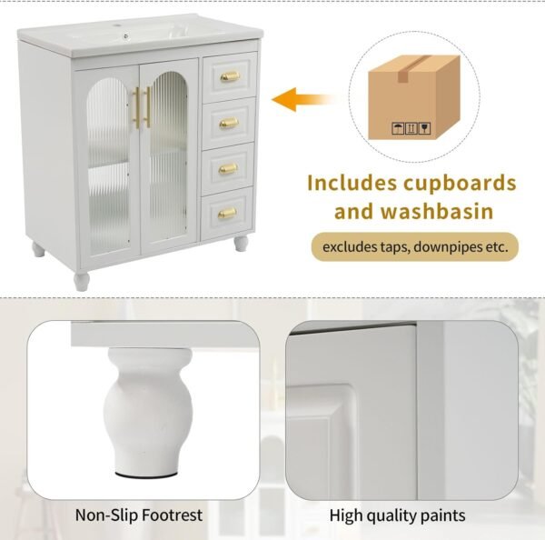 Meuble De Salle De Bain avec 4 Tiroirs Et 2 Porte Vitrée, Étagères Réglables, Meuble sous Vasque Simple 80 cm Vasque en Céramique, Poignée Dorée, Blanc – Image 6
