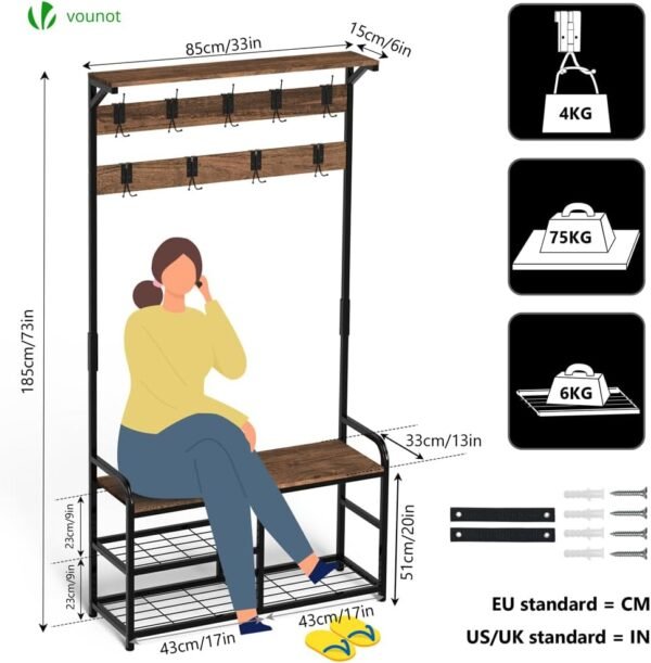 vounot® Porte Manteau pour Entrée 4 en 1 avec Banc et Étagère à Chaussures 3 Niveaux avec 9 Crochets Amovibles Meuble d’Entrée 185x85x33cm Cadre en Acier Robuste Système Anti-basculement – Image 3