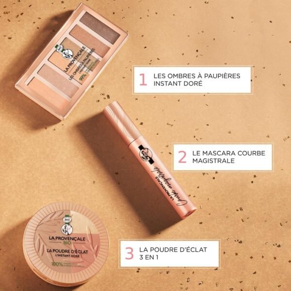 La Provencale - Coffret Cadeau Maquillage L'Instant Doré - 3 Produits - La Poudre Éclat, La Palette Instant Doré et Le Mascara Courbe Magistrale - Enrichis en Huile d'Olive BIO et Pigments Minéraux – Image 3