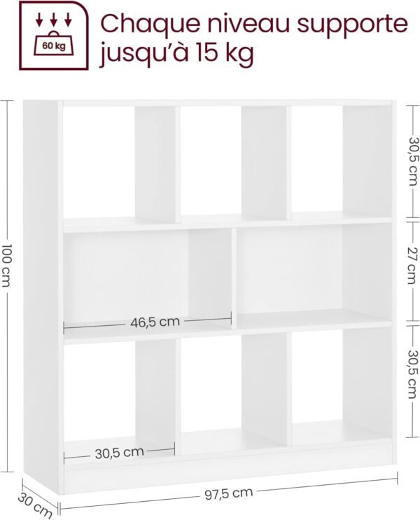 VASAGLE Bibliothèque, Meuble de Rangement, Étagère, 8 Compartiments Ouverts, Utilisable à l’Horizontale, sur Le Côté ou à l’Envers, 30 x 97,5 x 100 cm, pour Salon, Bureau, Blanc LBC52WT – Image 3