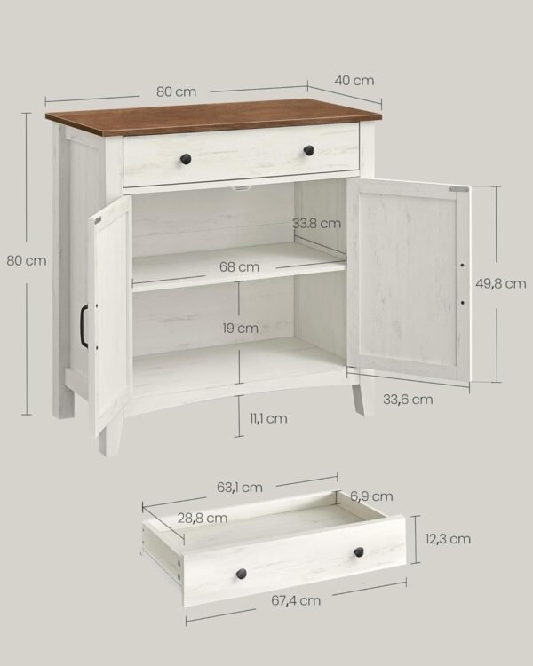 VASAGLE Buffet, Meuble de Rangement avec Tiroir, Meuble de Cuisine, avec Portes, Étagère Réglable, Style Campagne, pour Salon, 40 x 80 x 80 cm, Blanc Rustique et Marron Miel BBK341W01 – Image 3