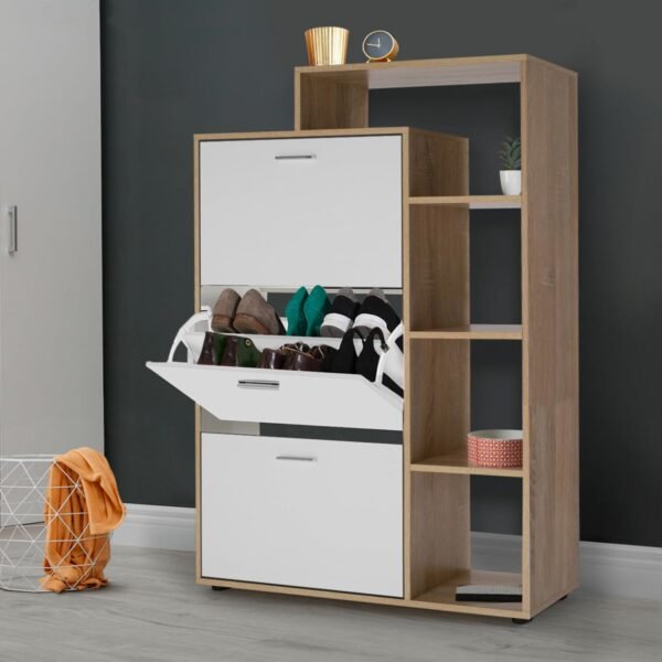 IDMarket - Meuble à chaussures 18 paires KLARK imitation hêtre 3 portes blanches avec étagère – Image 2