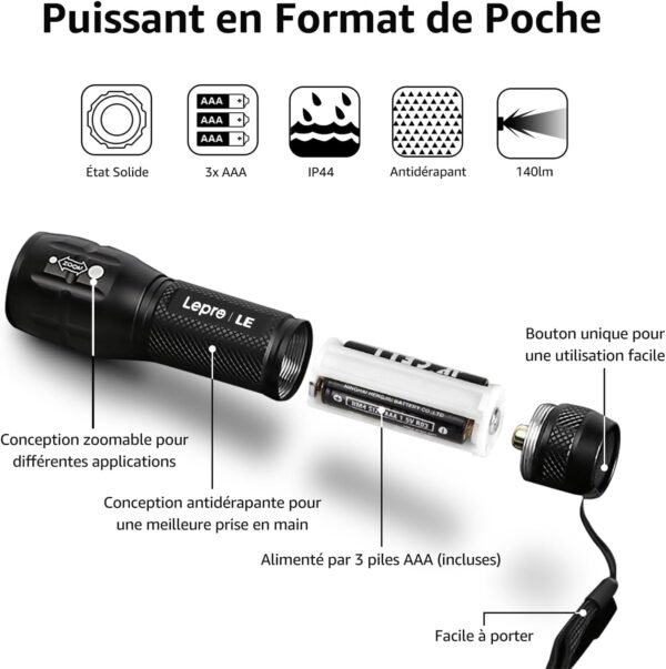Lighting EVER Lepro Lampe Torche L8000 Puissante, Lampe de Poche Zoomable Étanche IPX4, 3 AAA Piles Compris, LED Militaire en Aluminium pour Camping, Randonnée, Urgences – Image 7