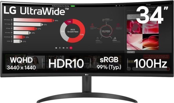LG UltraWide™ 34WR50QK-B Ecran PC Ultra Large 34" - Dalle VA résolution QHD (3440 x 1440), 5ms GtG 100Hz, HDR 10, sRGB 90% (CIE1931), inclinable, Mode Portrait
