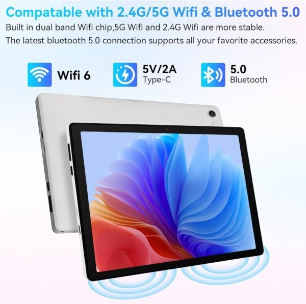 Ainmel Tablette 10 Pouces, Android 14 Tablette Processeur Octa-Core, 8GB+64GB(TF 1TB), 1280 x 800 HD IPS Wi-FI 6 /Widevine L1/5000mAh/Double Caméra/Identification Faciale Tablettes PC (Blanc) – Image 4
