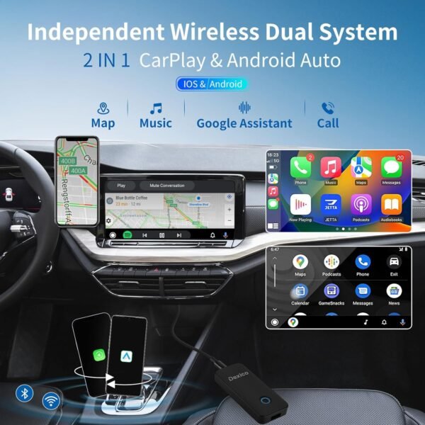 Android Auto sans Fil, Dexico Adaptateur CarPlay et Android 2en1, pour Les Voitures Filaires CarPlay et Android Auto Année Modèle: 2016-2023, Plug and Play, Soutien à la Mise à Jour en Ligne – Image 2