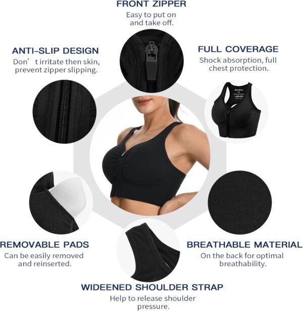 2 Pièces Brassière Sport Femme Zippée Devant, Soutien Gorge de Sport Femme sans Armature sans Couture Push Up Sport Bra avec Coussinets Amovibles – Image 4