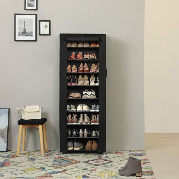 SONGMICS Étagère à Chaussures en Tissu à 10 Niveaux, Meuble de Rangement 28 x 58 x 160 cm, avec Housse de Protection, Chaussures de Sport, Talons Hauts, Pantoufles, Cadre en Métal, Noir RXJ10H – Image 2