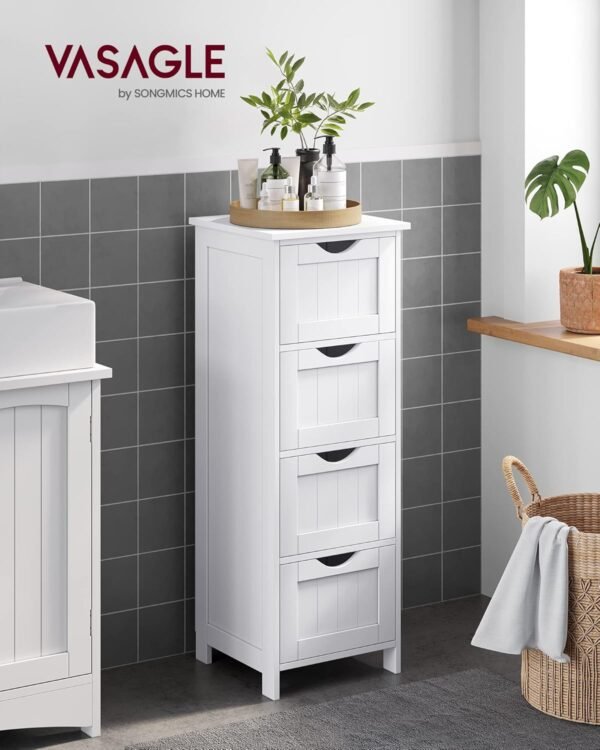 VASAGLE Meuble de Salle de Bain, Meuble de Rangement, Armoire sur Pied, avec 4 Tiroirs, 30 x 30 x 82 cm, pour Salle de Bain, Salon, Salle à Manger, Cuisine, Style Moderne, Blanc LHC40W – Image 2