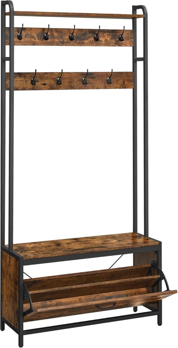 VASAGLE Meuble d’Entrée avec Banc, 9 Crochets et Étagère, Porte-Manteaux, Vestiaire, pour Couloir, Chambre, Style Industriel, Marron Rustique et Noir HSR405B01