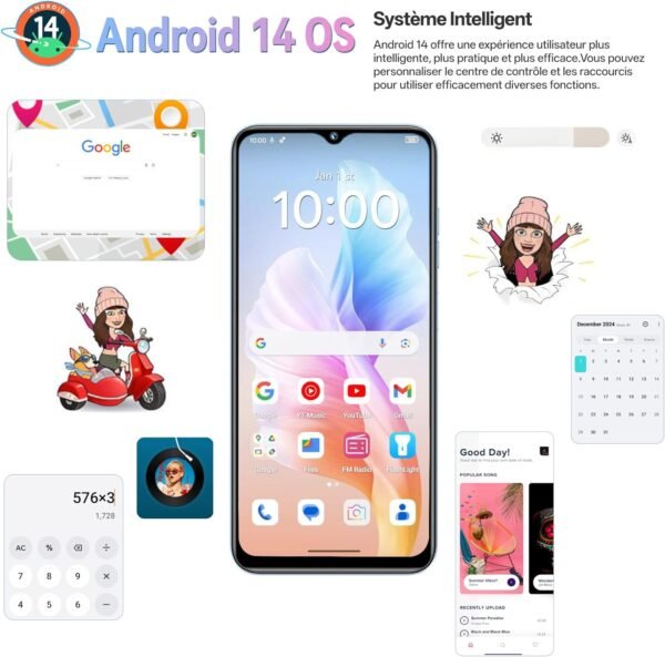 OUKITEL C36 256Go Téléphone Portable Android 14, 24Go+256Go/1To, 6.56" HD+ 90Hz Écran, Smartphone Pas Cher 5100mAh, Camera 13MP+5MP, Smartphone Double SIM/Empreinte Digitale + Identification faciale – Image 3