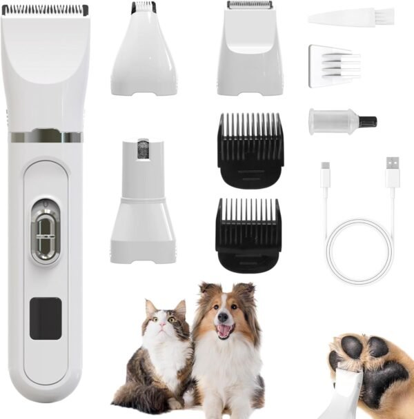Tondeuse professionnelle silencieuse pour chiens et chats : tondeuse électrique 4 en 1 pour chien avec écran LED pour le corps, les pattes, les yeux, les oreilles et le visage.