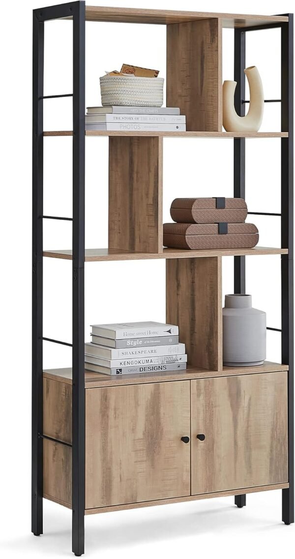 VASAGLE Étagère, Bibliothèque à 4 Niveaux, Meuble de Rangement, Placad, avec Portes, Grand, Cadre en Acier, pour Salon, Bureau, Chambre, Style Industriel, Marron Camel et Noir d'encre LBC022B50