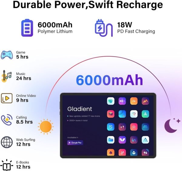 Tablette Tactile10 Pouces 19Go RAM + 256Go ROM (TF Extensible 1To) Android 14 Tablette avec clavier et souris, Écran IPS HD 1080P, 5 Mpx Dual caméra,Wi-Fi,6000mAh, Tablettes performantes 2025 (Gris) – Image 6